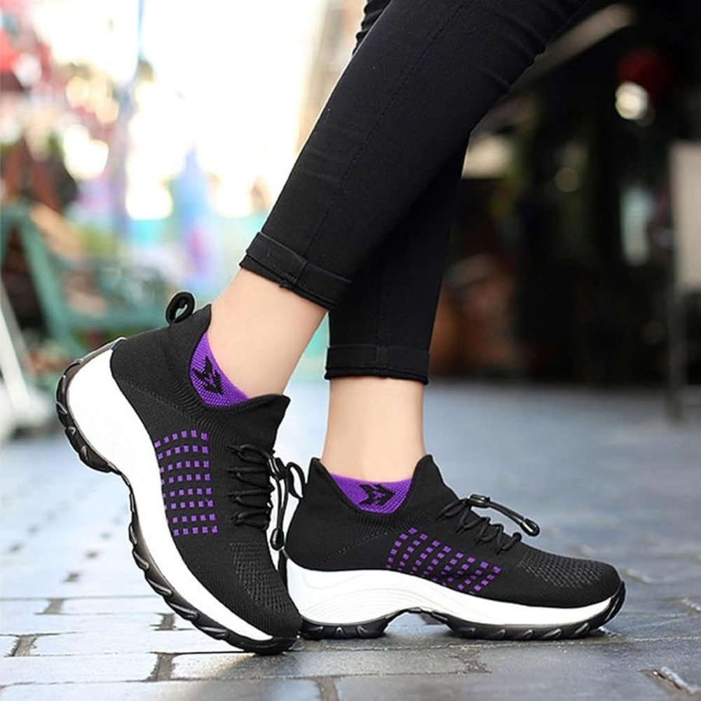 Womens Black Purple Knit Mesh Walking Shoes Bungee‎ Lace Lightweight Sneakers